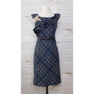 Anthropologie FLOREAT Ruffled Tartan Plaid Tweed Sheath Dress Belted Flower ~ 2